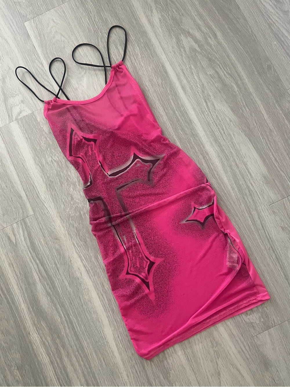 Hot Pink Cross-Print Slip Dress with Thin Black Straps